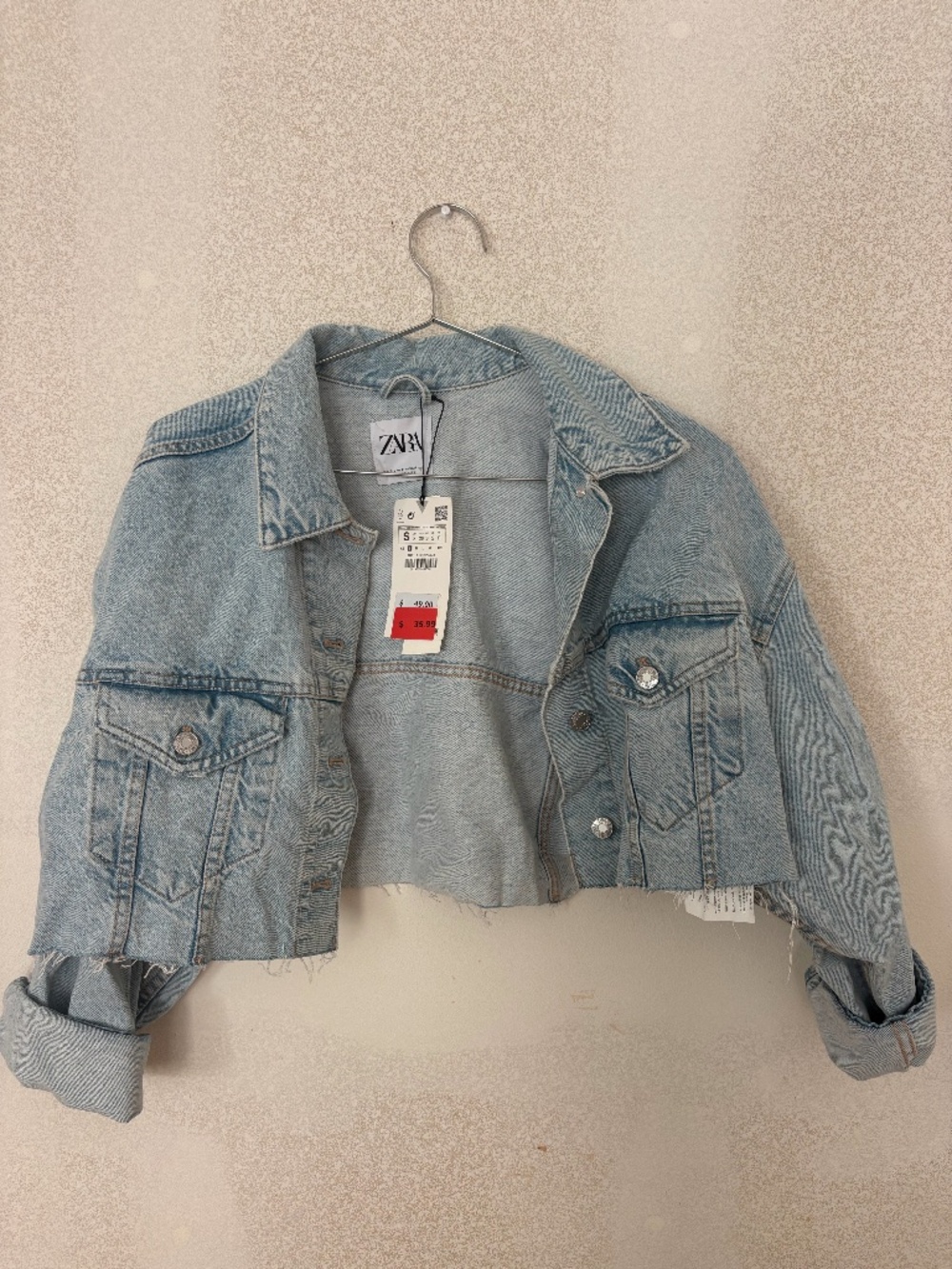 Zara Women Light Wash Cropped Frayed Hem Denim Jacket Blue Size S